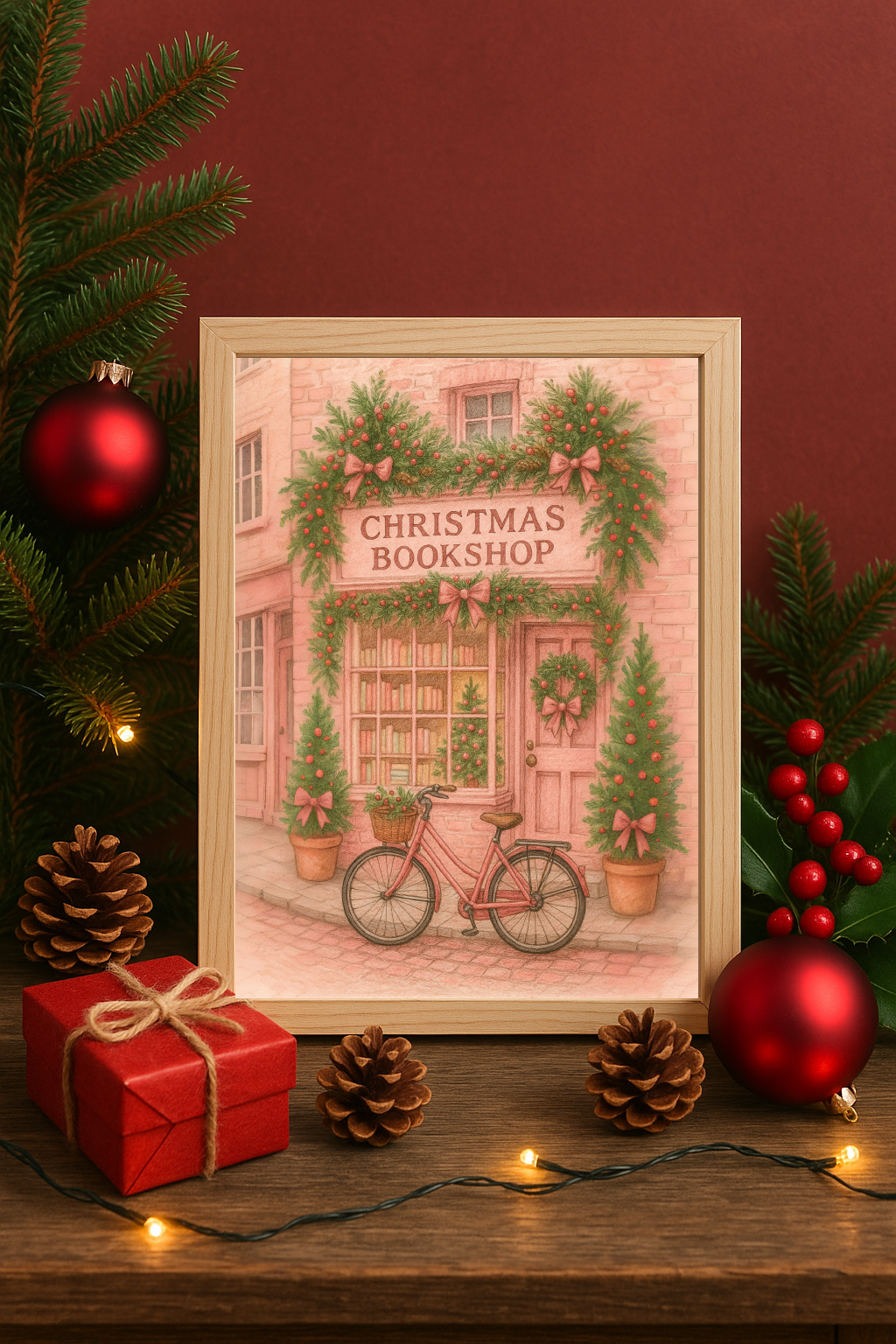 Christmas Pink Bookshop Wall Art – Festive Holiday Bookstore Scene Print