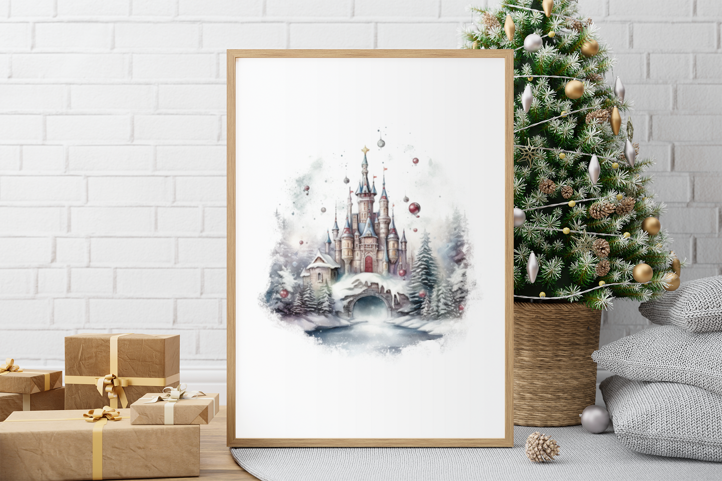 Watercolour Castle Winter Christmas Seasonal Wall Home Decor Print
