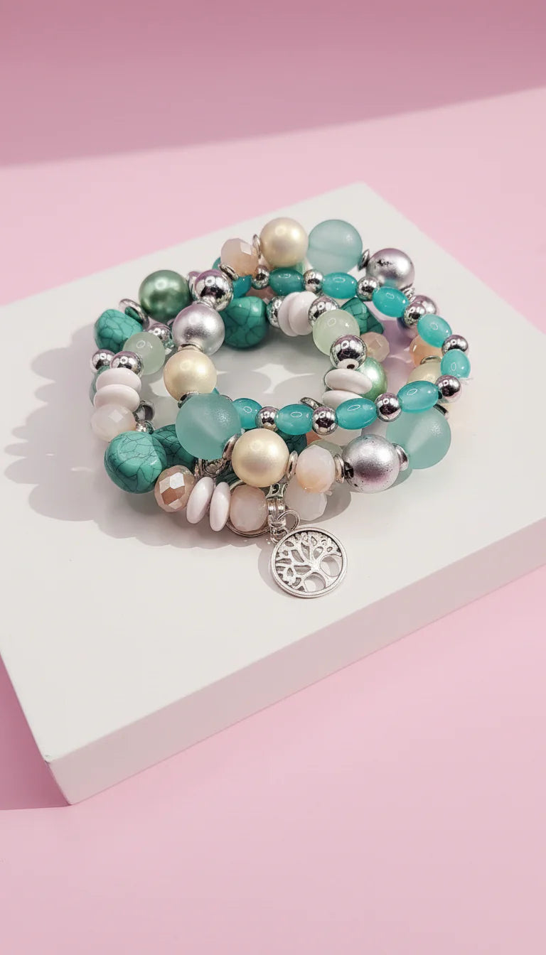 Mini Tree Of Life Double Charm Ceramic Beaded Bracelet Set