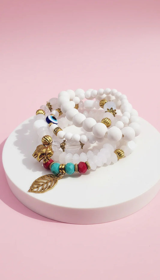 Gold Elephant & Leaf Charm Ceramic Beaded Bracelet Set