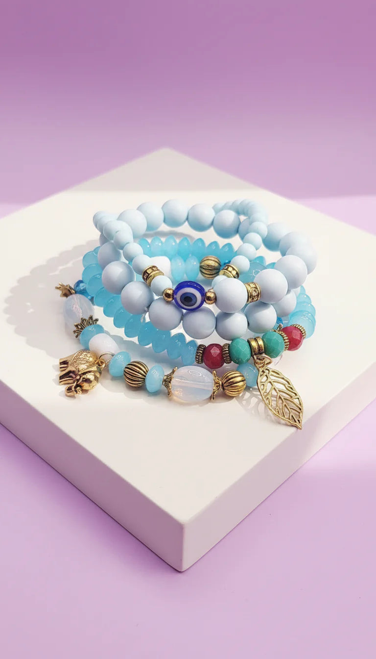 Gold Elephant & Leaf Charm Ceramic Beaded Bracelet Set