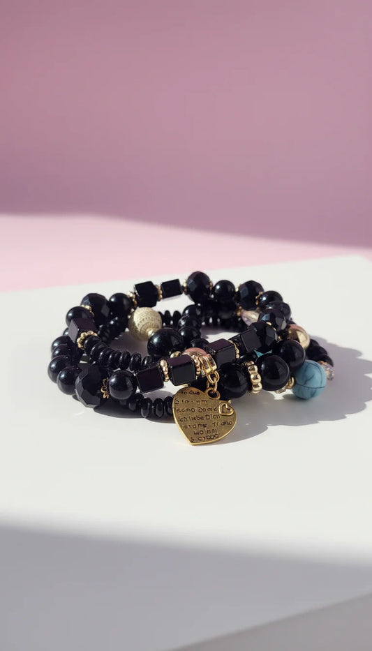 Evil Eye & Heart Charm Ceramic Beaded Bracelet Set