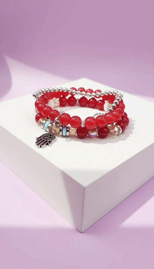 Bow & Hamsa Silver Charm Ceramic Beaded Bracelet Set