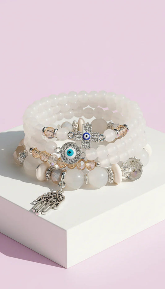 Evil Eye & Hamsa Silver Charm Ceramic Beaded Bracelet Set