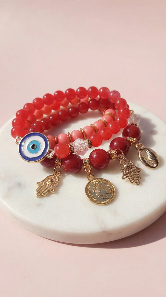 Evil Eye Charm Ceramic Beaded Bracelet Set