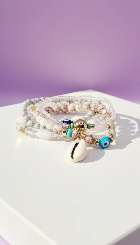 Shell Charm Ceramic Beaded Bracelet Set
