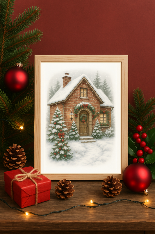 Cosy Christmas Cottage Wall Art – Snowy Holiday Home with Festive Trees Print