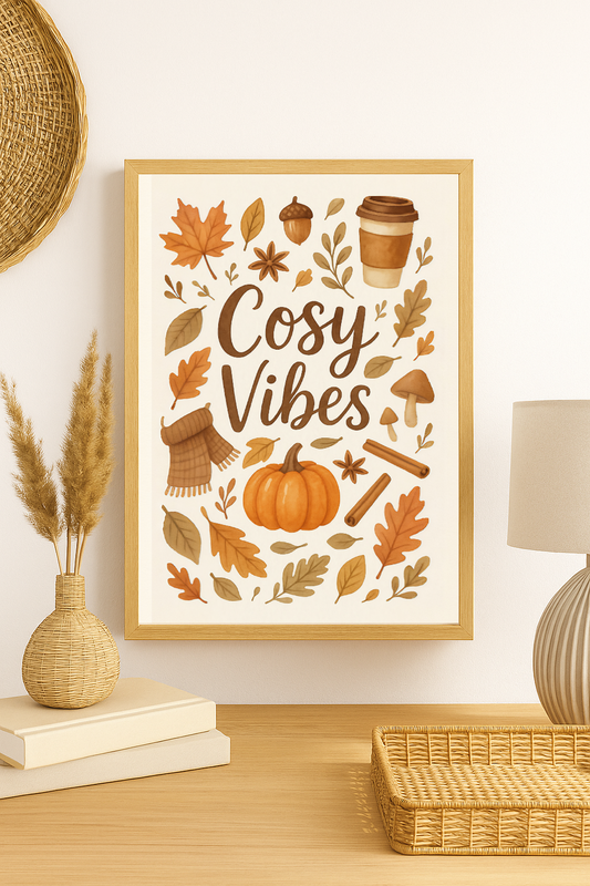 Cosy Vibes – Autumn Wall Art with Pumpkin Spice, Coffee & Fall Leaves