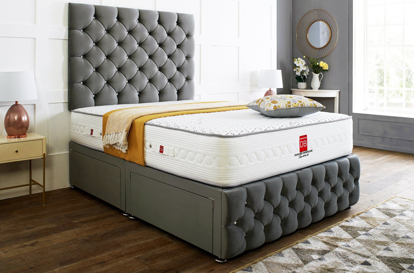 Regency Divan Bed Set With Tall Button Headboard Plus Footboard