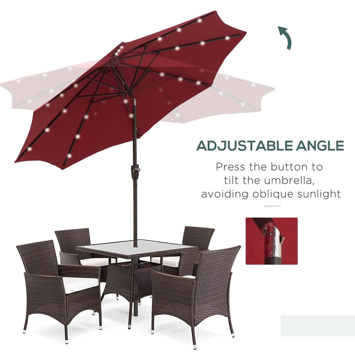 Outsunny Umbrella Parasol 24 Solar Led-Wine Red