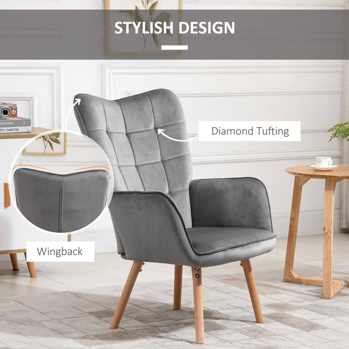 Accent Chair VelvetTufted Wingback Armchair Club Chair with Wood Legs Grey