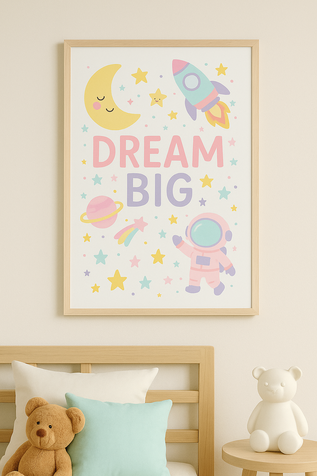 Dream Big Space Wall Art – Pastel Nursery Astronaut Print