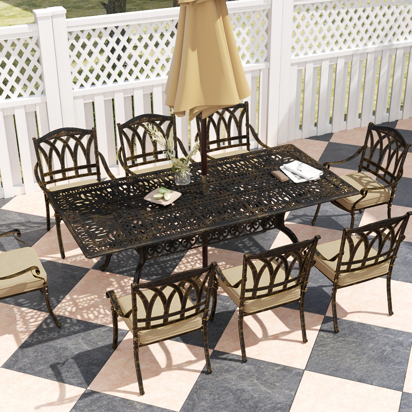 Outsunny 9 Pieces Cast Aluminium Garden Dining Set with Parasol Hole, Bronze
