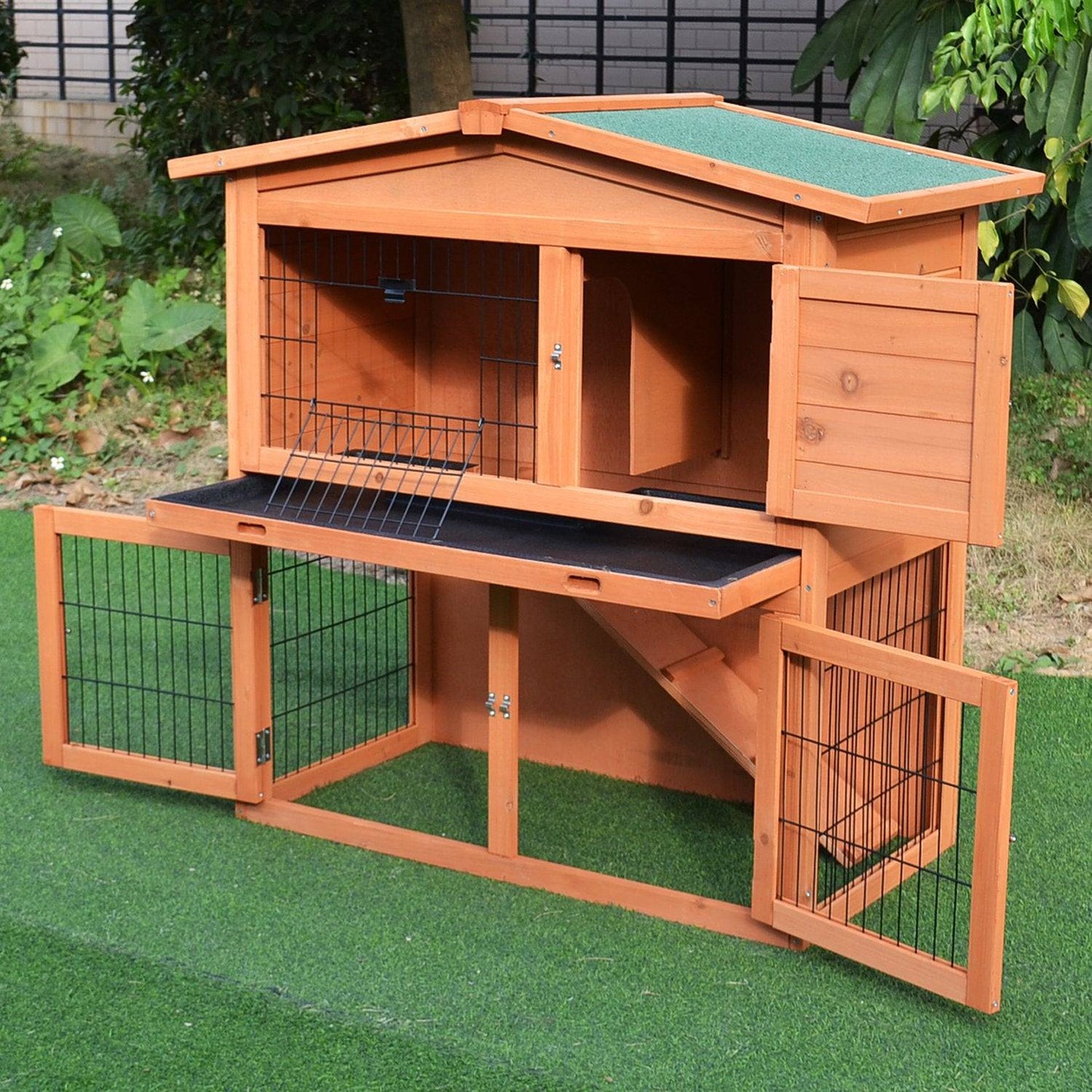 PawHut 2 Tier Outdoor Rabbit Small Animal Enclosure with Ramp Tray to Raised Home & Below Run Area