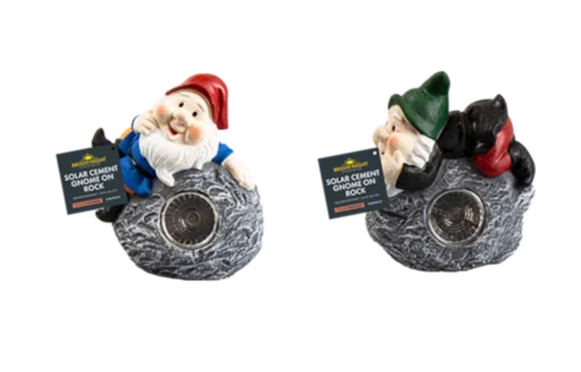 Cement gnome on rock solar light