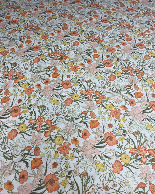 Orange Floral Patterned Linen Fabric for Sewing and Crafting