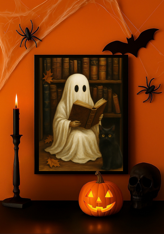 Ghost Reading in Library with Black Cat Vintage Halloween Wall Art
