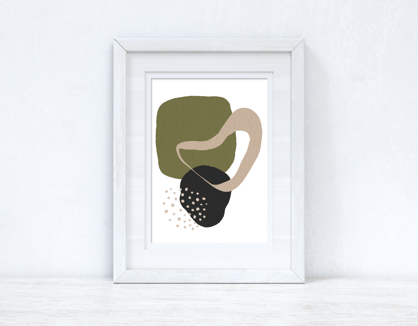 Green Beige & Black Abstract 1 Colour Shapes Home Wall Decor Print