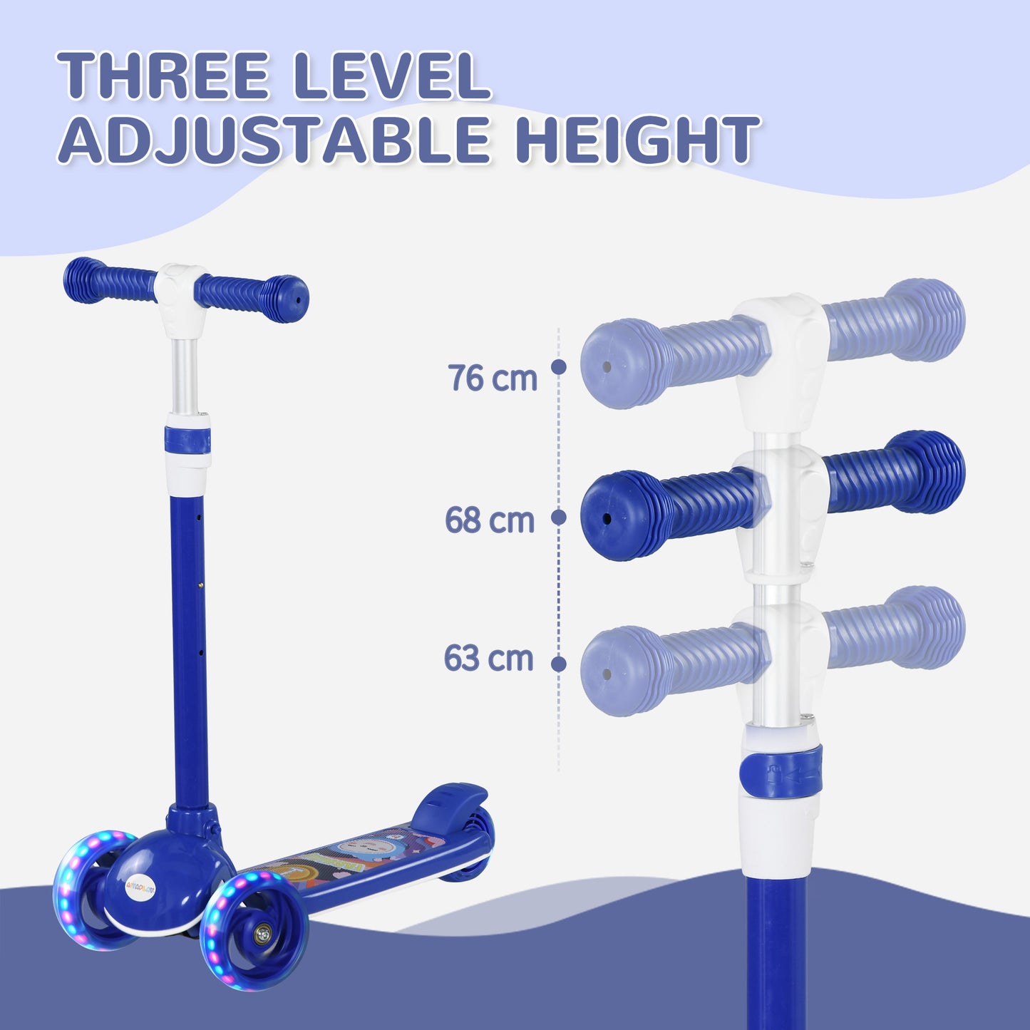 AIYAPLAY Kids 3 Wheel Scooter for 2-6 Years Old with Adjustable Height, LED Light, TPE Handlebar in Blue