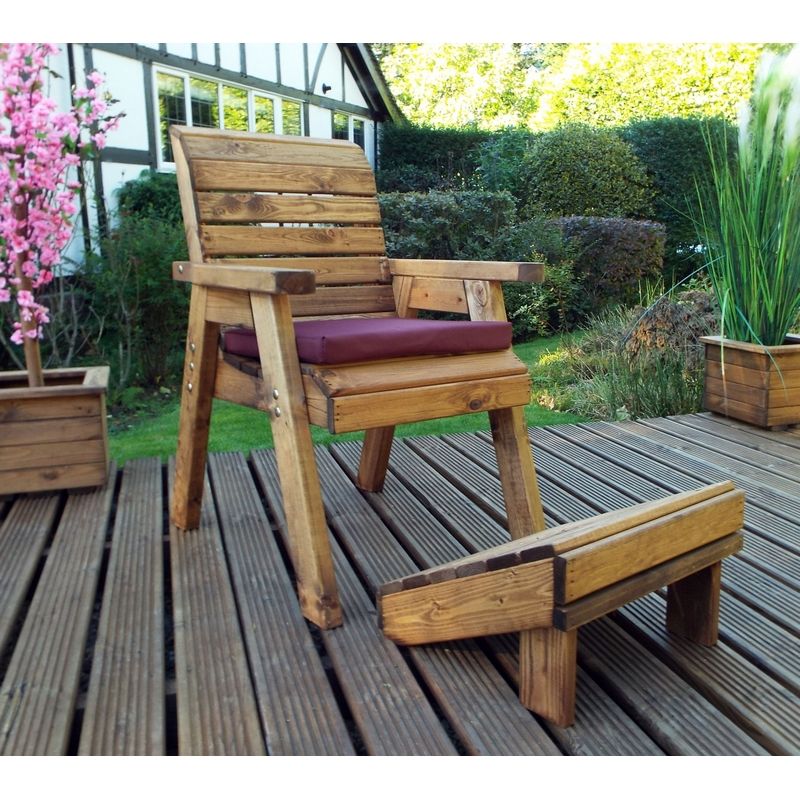 Garden Armchair And Footstool Scandinavian Redwood With Burgundy Cushions