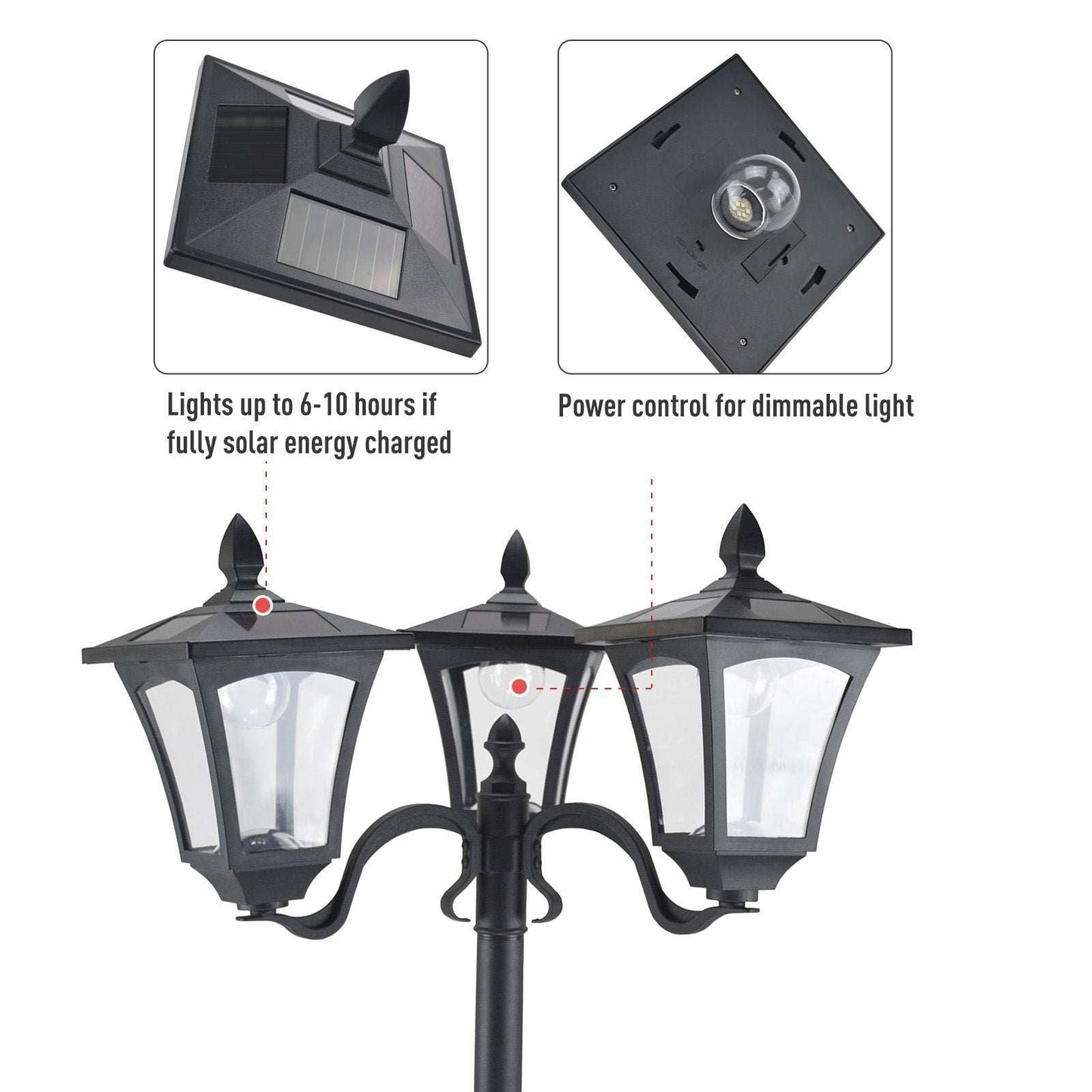1.8m Traditional Victorian Style 3 Way Head Outdoor Garden Solar Post Lamp Sensor Dimmable LED Lantern Bollard Pathway IP44 Black