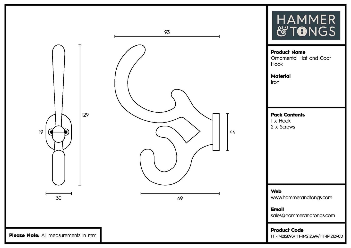 30mm x 130mm Black Ornamental Hat & Coat Hook