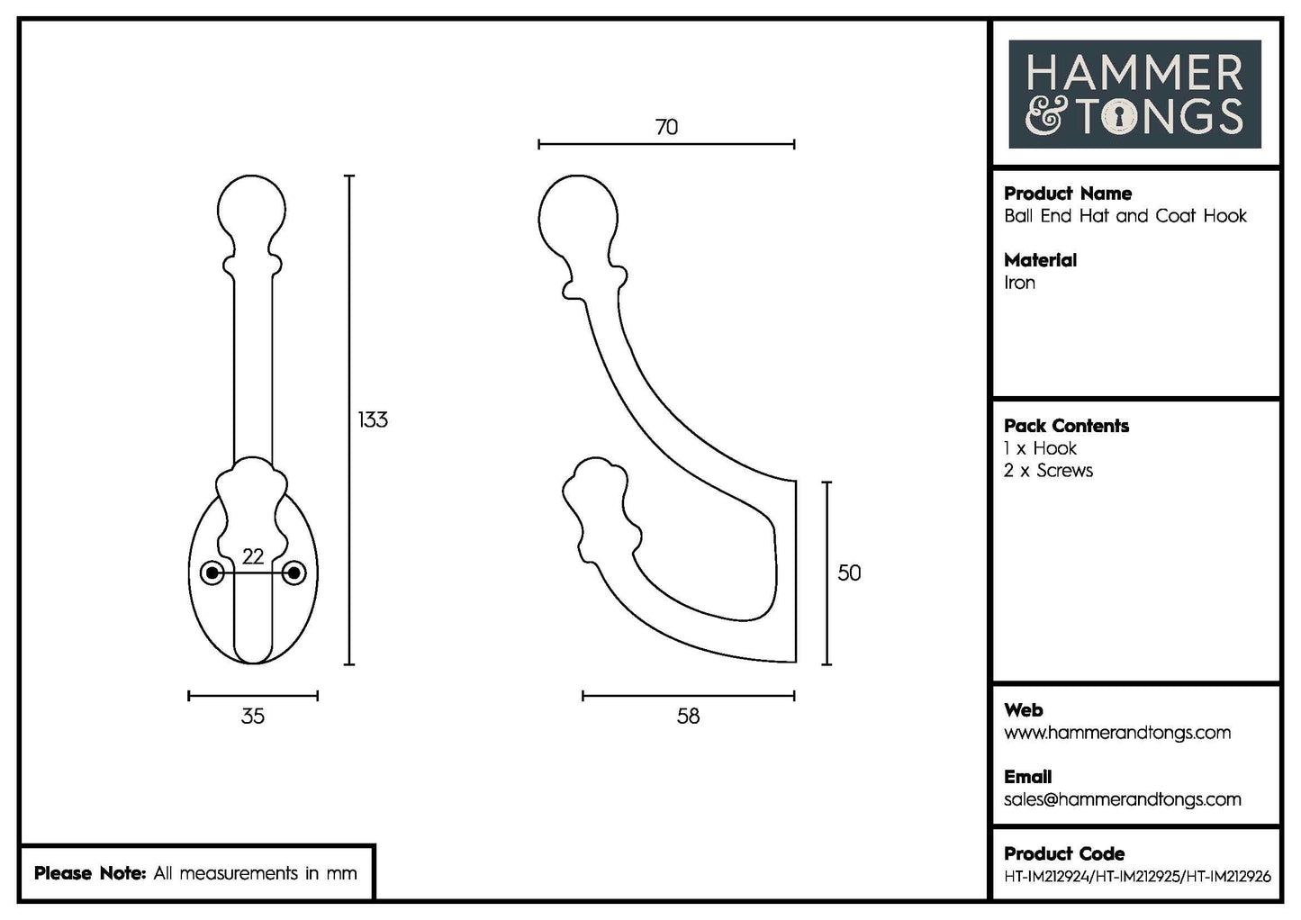 35mm x 135mm Black Ball End Hat & Coat Hook