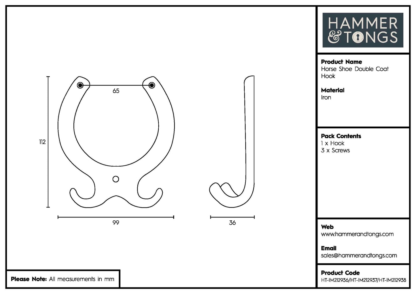 100mm x 110mm Black Horse Shoe Double Coat Hook