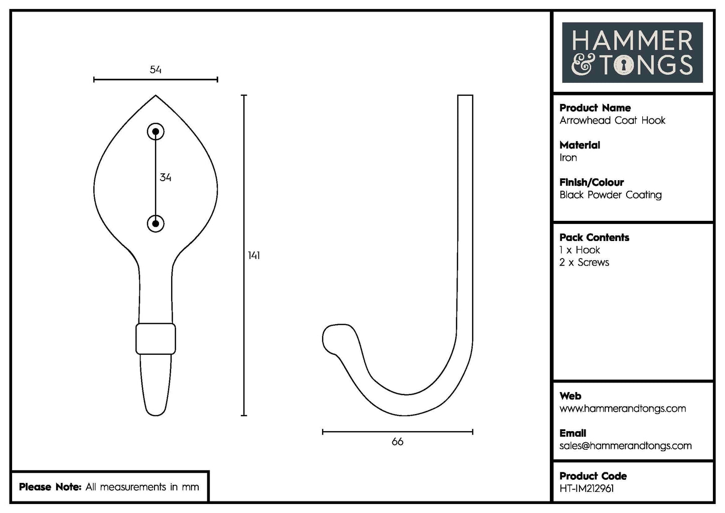 55mm x 140mm Black Arrowhead Coat Hook
