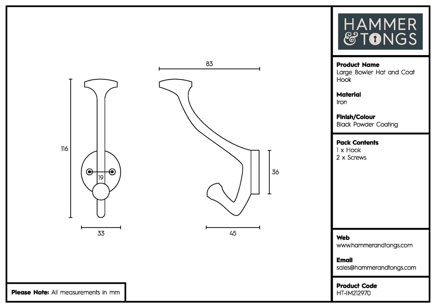 35mm x 115mm Black Bowler and Coat Hook