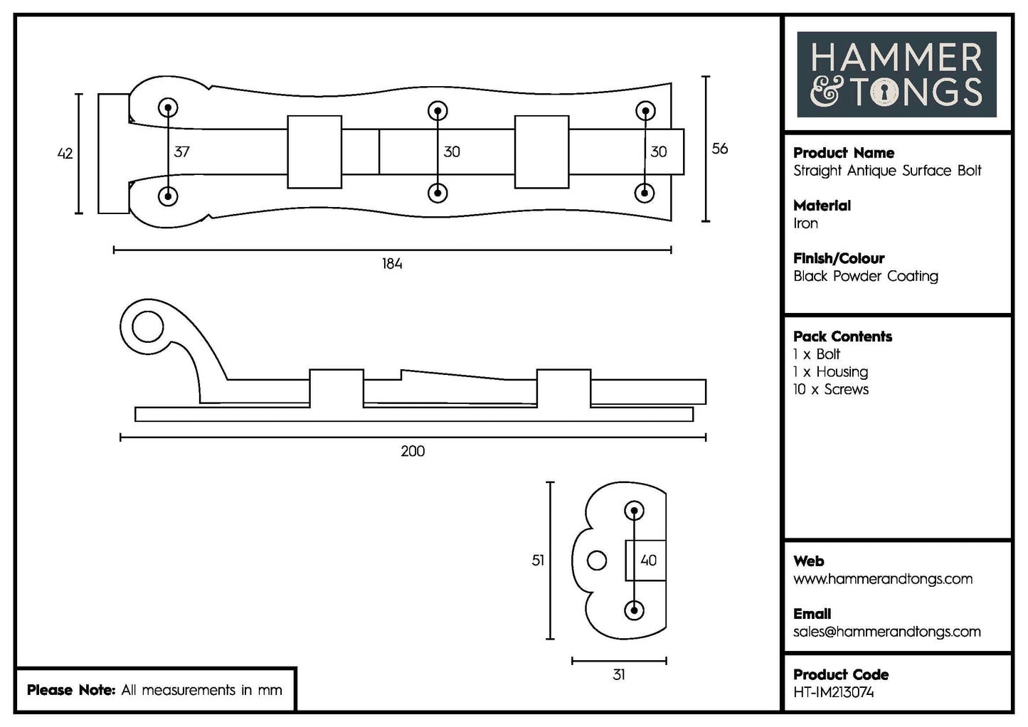 185mm Black Straight Antique Fish Tail Surface Bolt