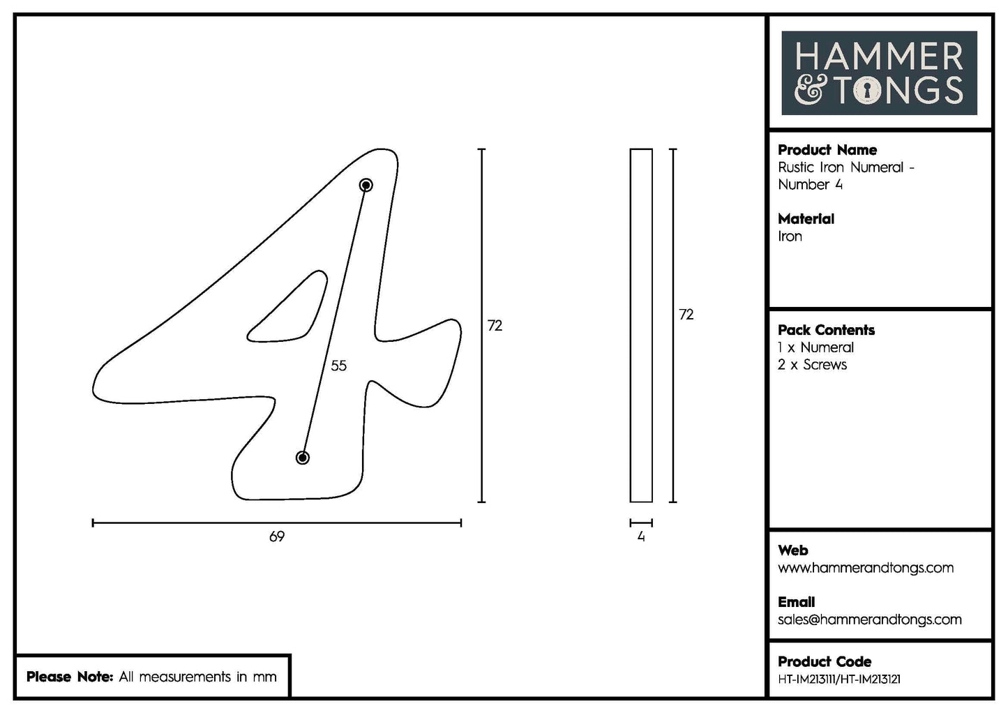 80mm Black Rustic Iron House Number 4
