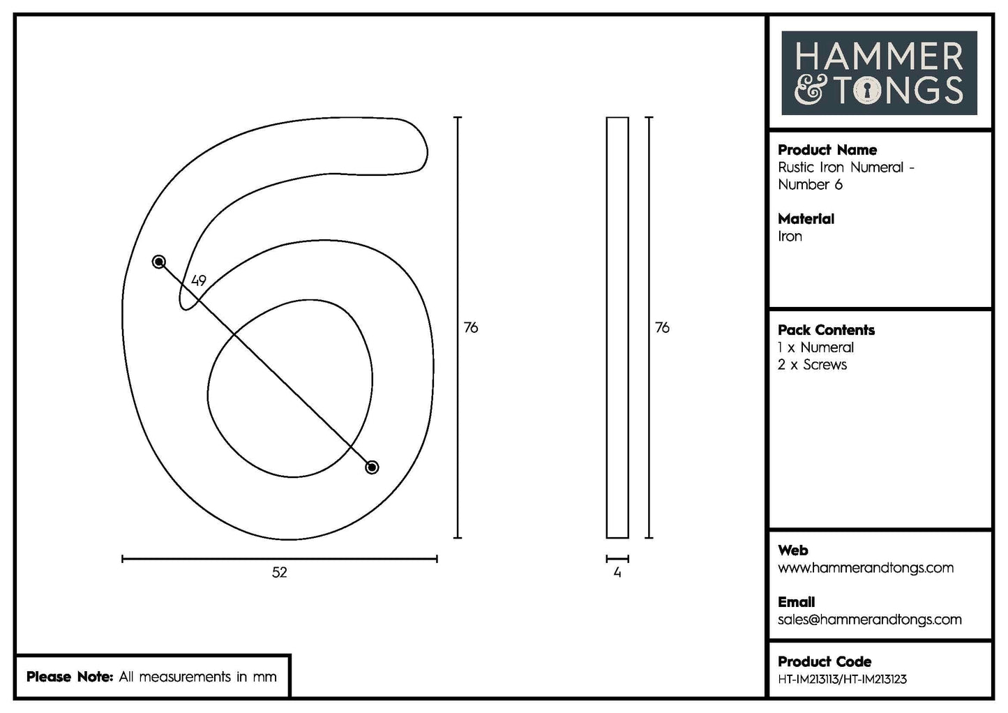 80mm Black Rustic Iron House Number 6