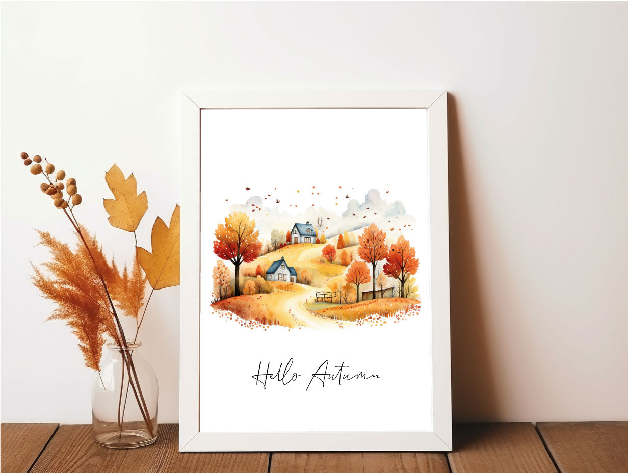 Hello Autumn Watercolour Scene Seasonal Wall Home Decor Print