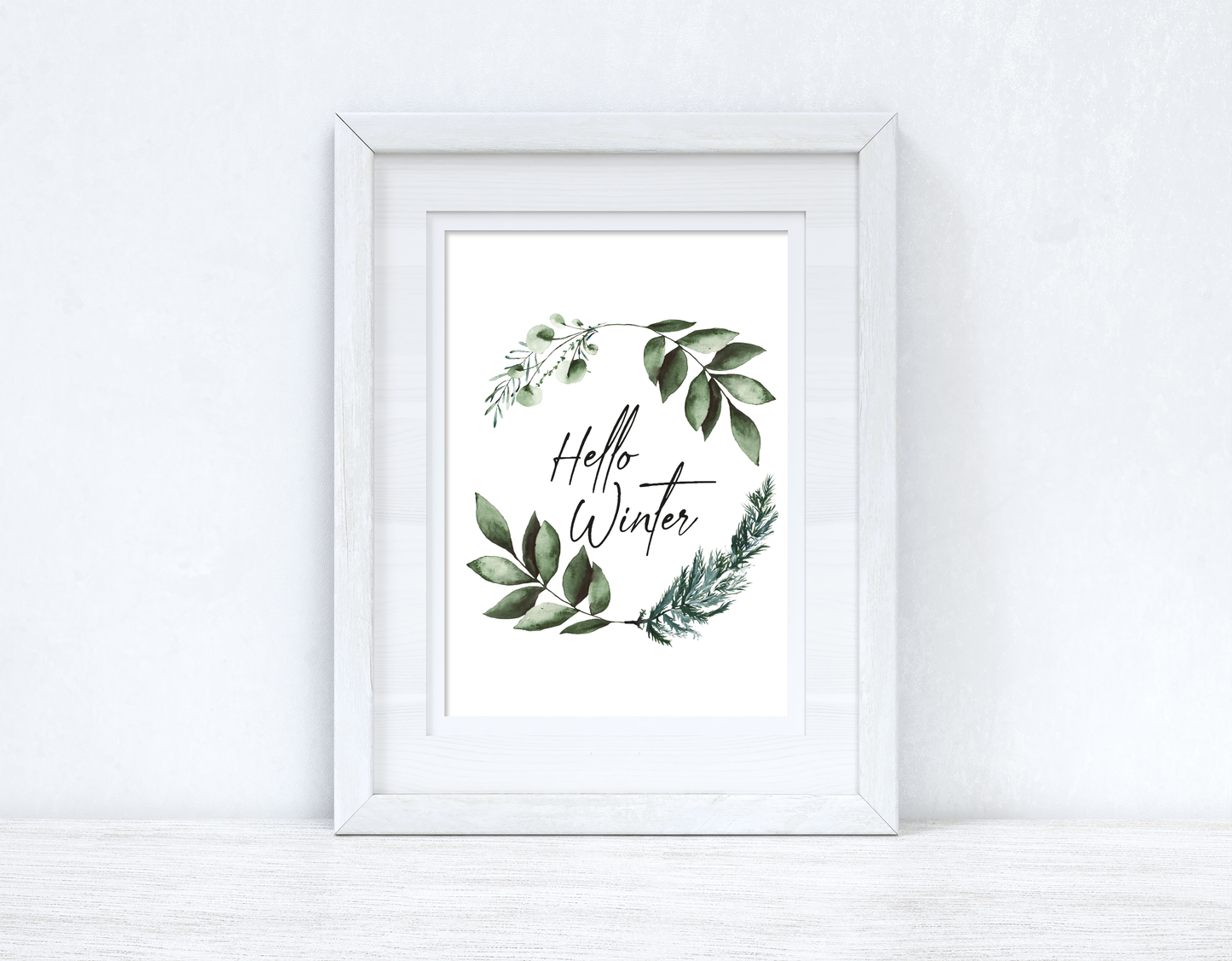 Hello Winter Greenery Pine Wreath Winter Christmas Seasonal Wall Home Decor Print