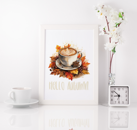 Hello Autumn Coffee Print Seasonal Wall Home Decor Print