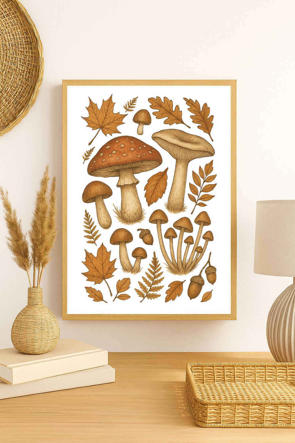 Autumn Mushroom & Leaf Wall Art – Botanical Forest Nature Print