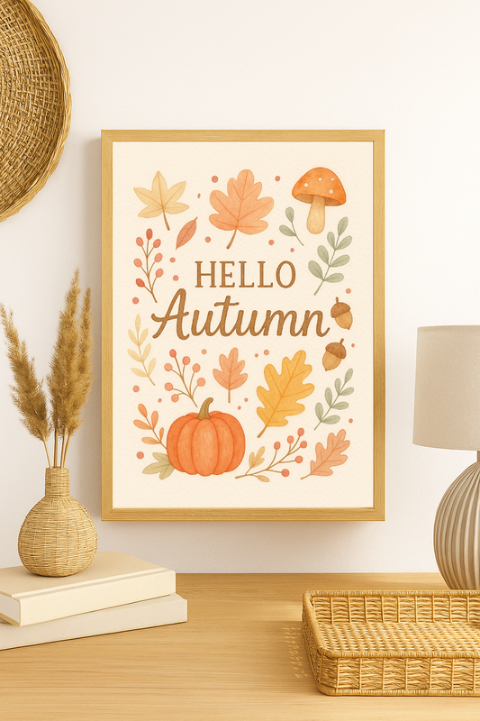 Hello Autumn – Cosy Seasonal Wall Art with Pumpkin & Fall Leaves