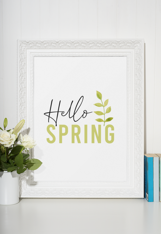 Hello Spring Green Foliage Spring Seasonal Wall Home Decor Print