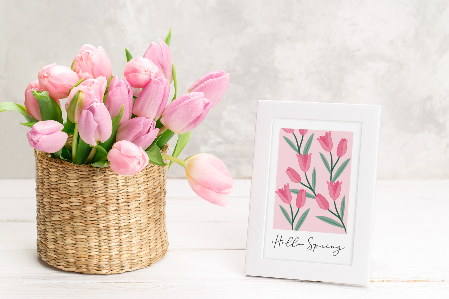Hello Spring Tulips Pink Spring Easter Seasonal Wall Home Decor Print