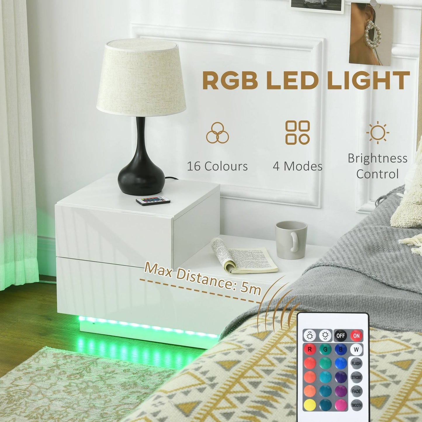 High Gloss Front Bedside Table with Drawers Nightstand with RGB LED Light and Remote for Bedroom Living Room White