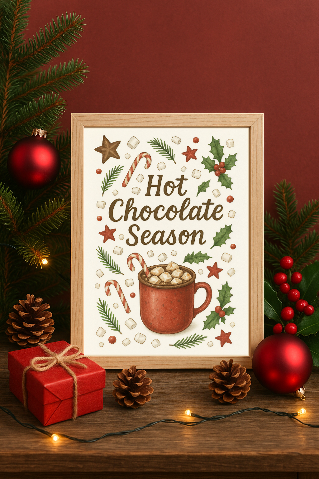 Hot Chocolate Season Wall Art – Festive Mug with Marshmallows & Candy Canes Print