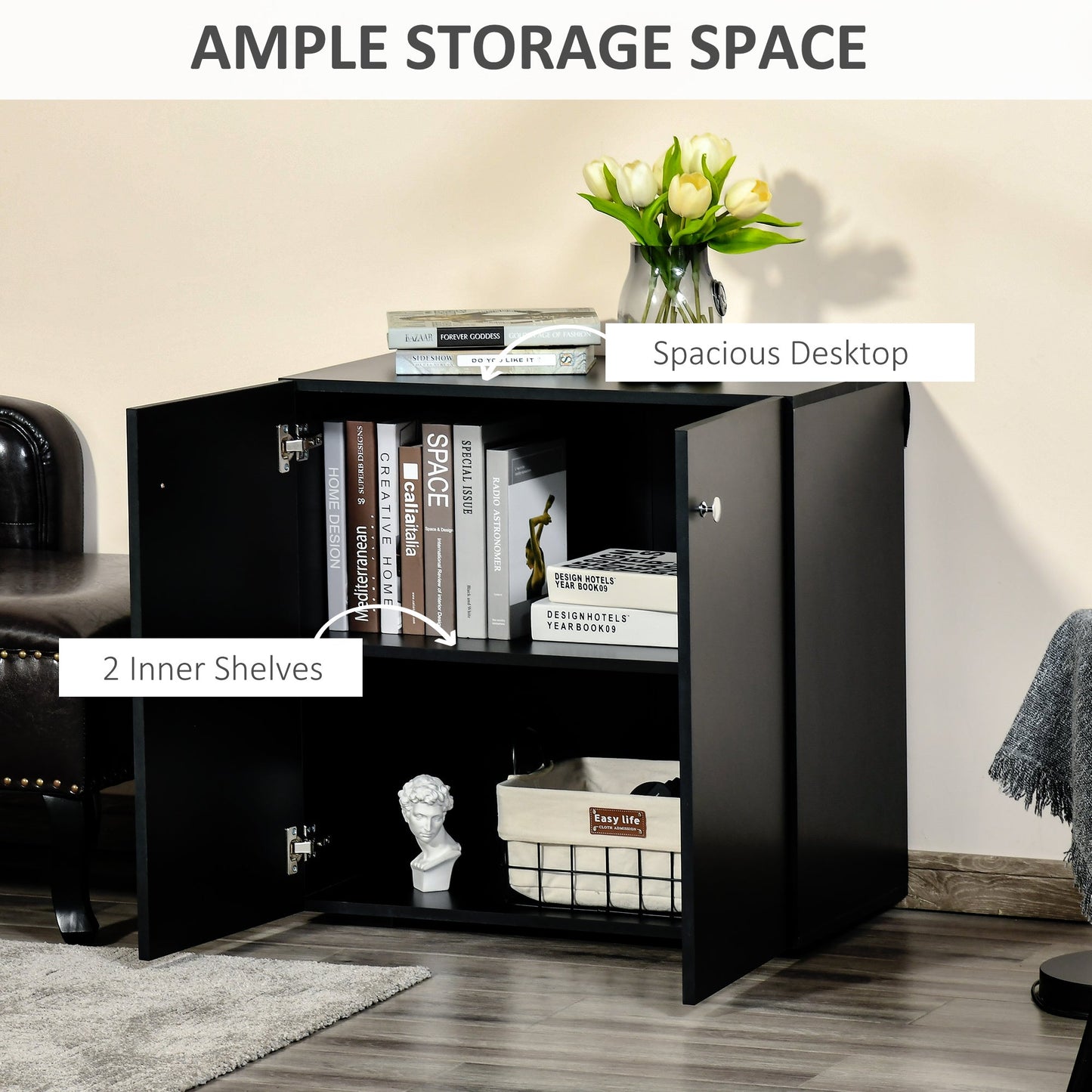 Storage Cabinet With Two Shelves Wooden Sideboard Freestanding Kitchen Cupboard Bookcase Black