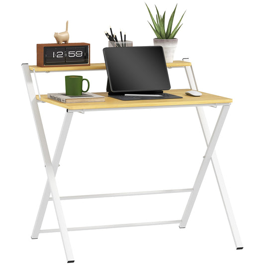 HOMCOM Folding Desk with 2-Tier Shelf for Home Office, Maple Wood-effect
