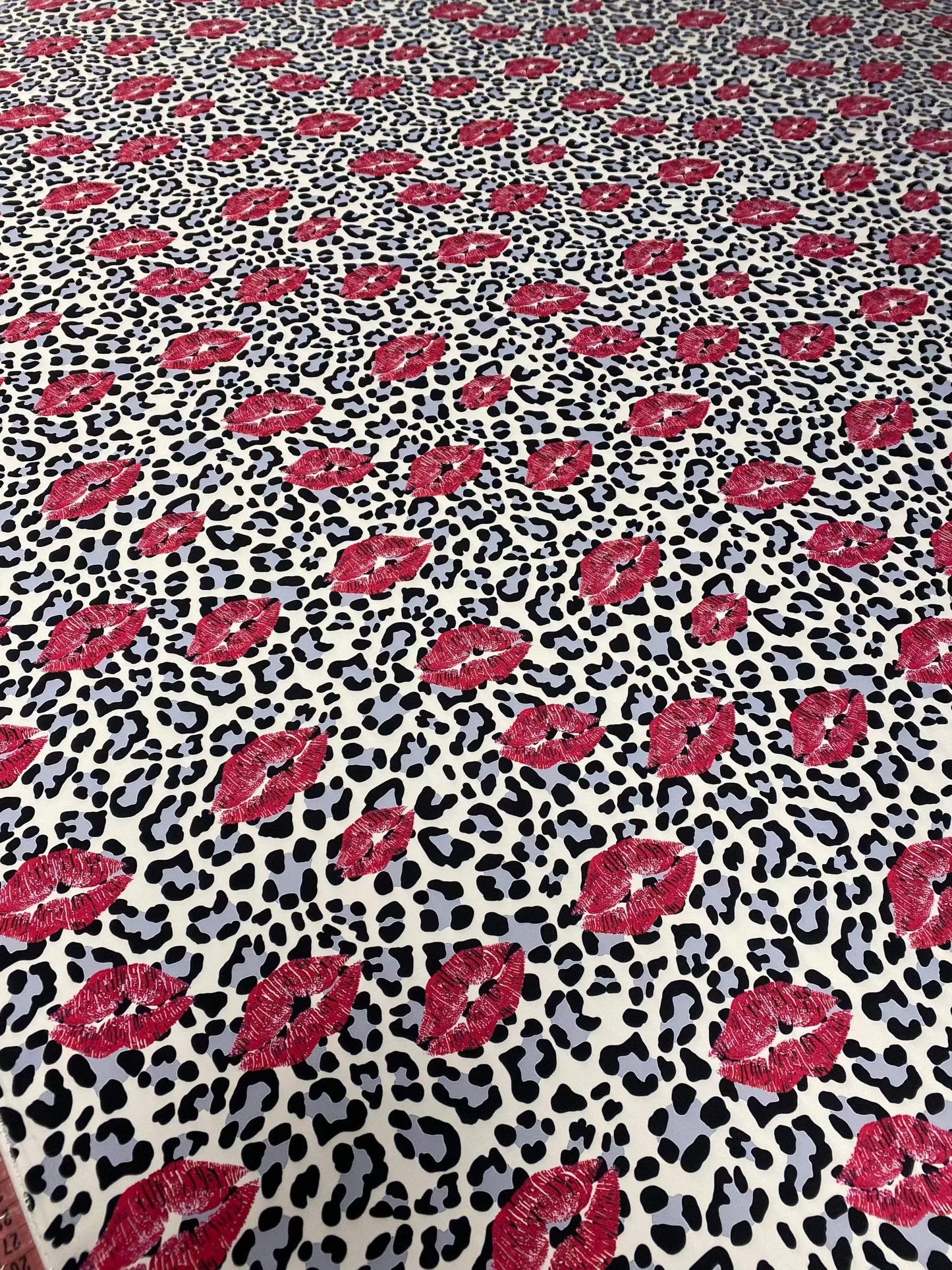Leopard Print Fabric with Pink Lip Pattern – Available in Satin, Crepe, Spandex & Chiffon | By Metre