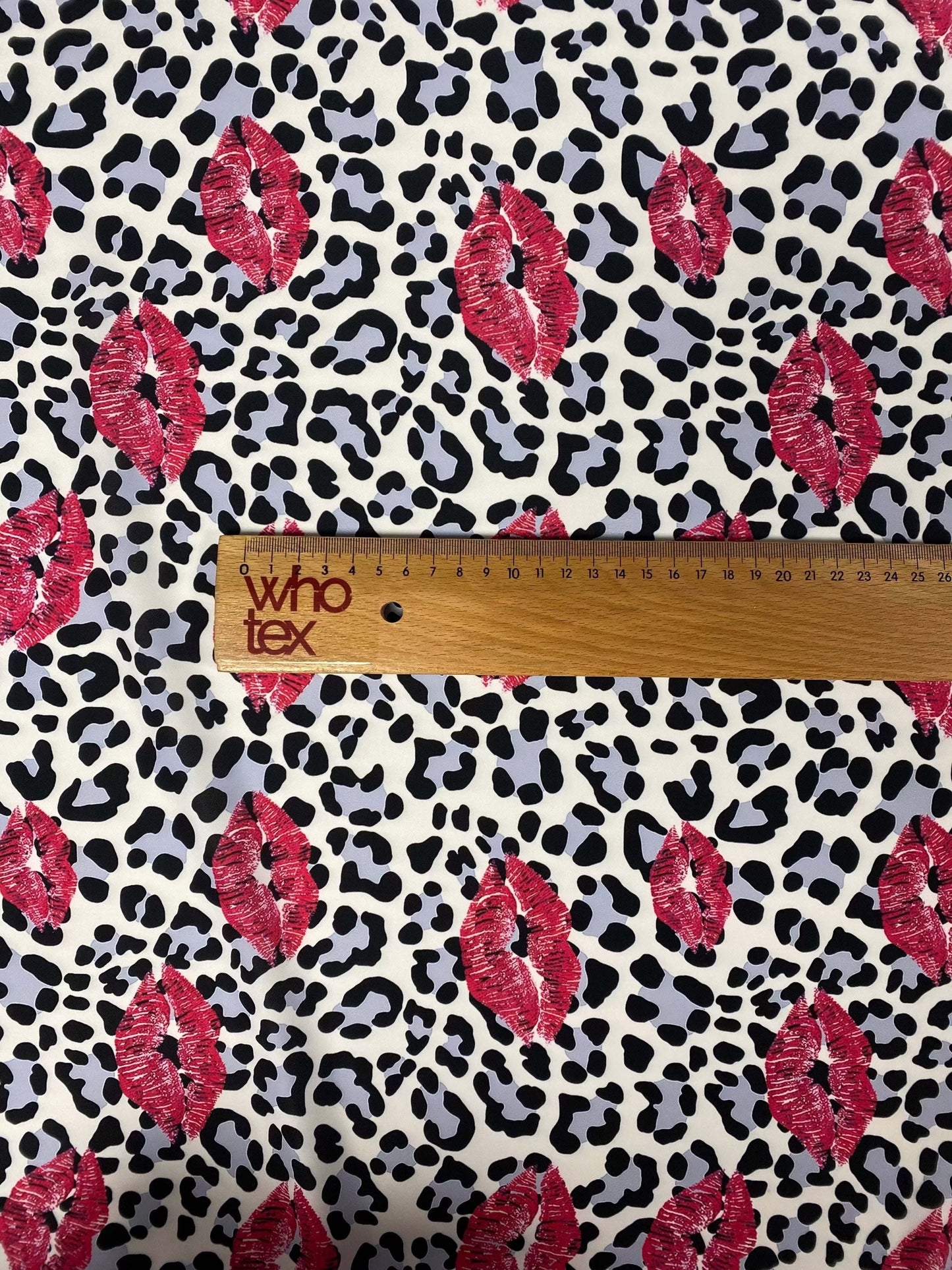 Leopard Print Fabric with Pink Lip Pattern – Available in Satin, Crepe, Spandex & Chiffon | By Metre