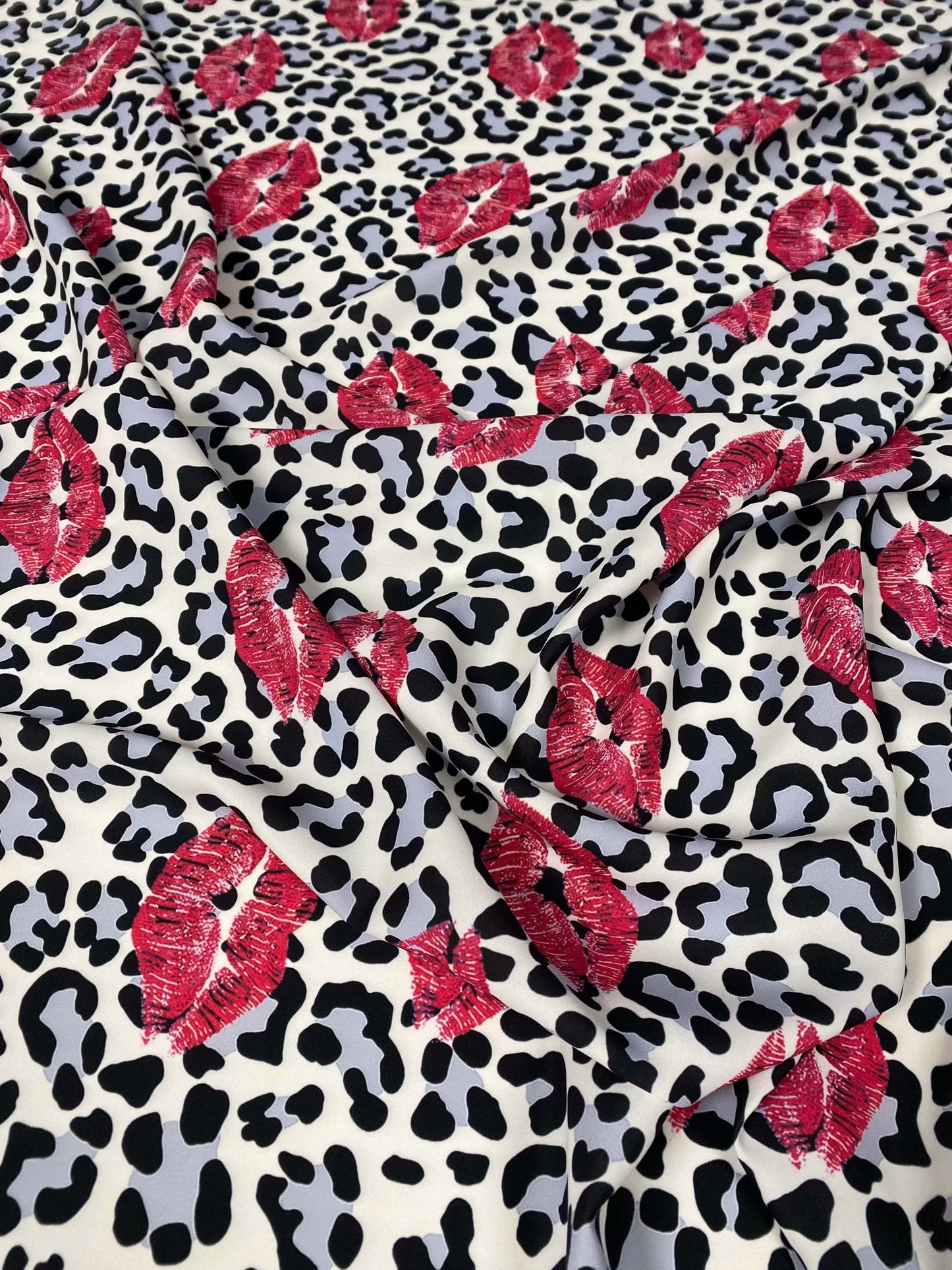Leopard Print Fabric with Pink Lip Pattern – Available in Satin, Crepe, Spandex & Chiffon | By Metre