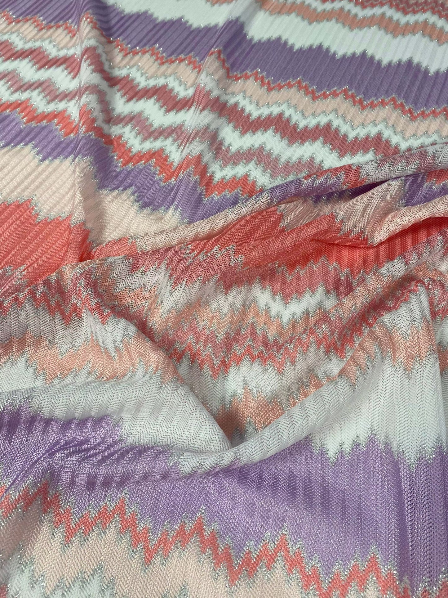 Purple and Coral Zigzag Woven Fabric with Metallic Accents