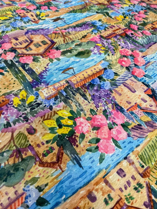 Watercolor Coastal Village Print Fabric – Available in Satin, Crepe, Spandex & Chiffon | By Metre