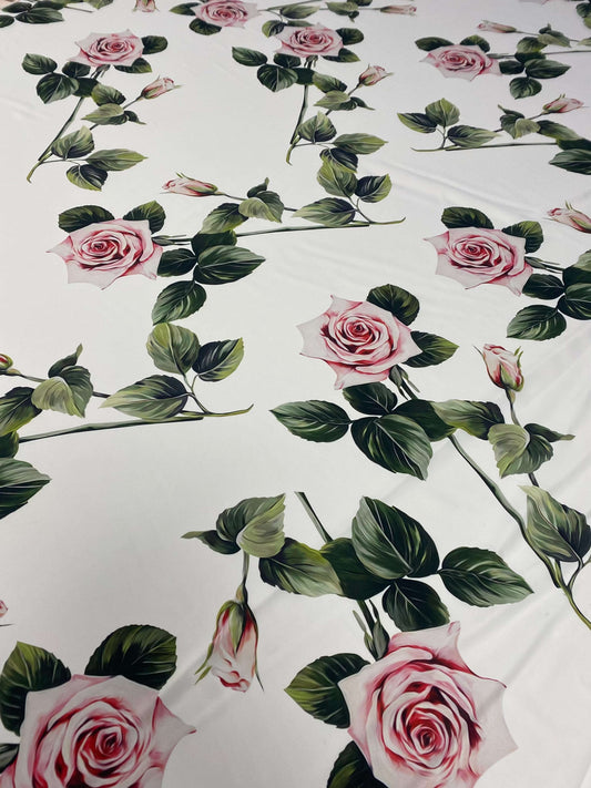 Pink Rose White Pattern Floral Fabric – Multiple Fabric Options, Sold by Metre
